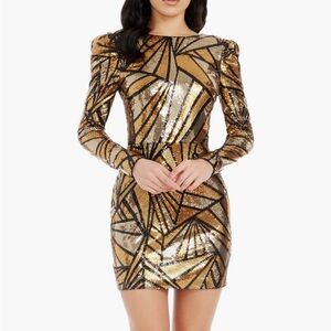 Dress the Population Gold Black  Long Sleeve Dress